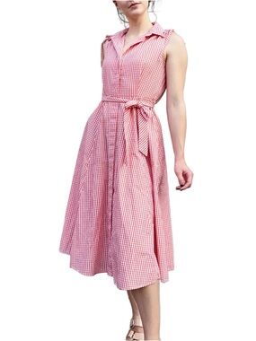 Calvin Klein Red Gingham Checkered Print A-Line Cottagecore Midi Shirt Dress 4